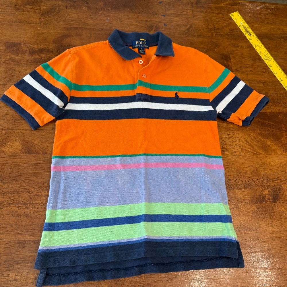 Polo Ralph Lauren Striped Polo Shirt Orange navy green purple size medium 10-12